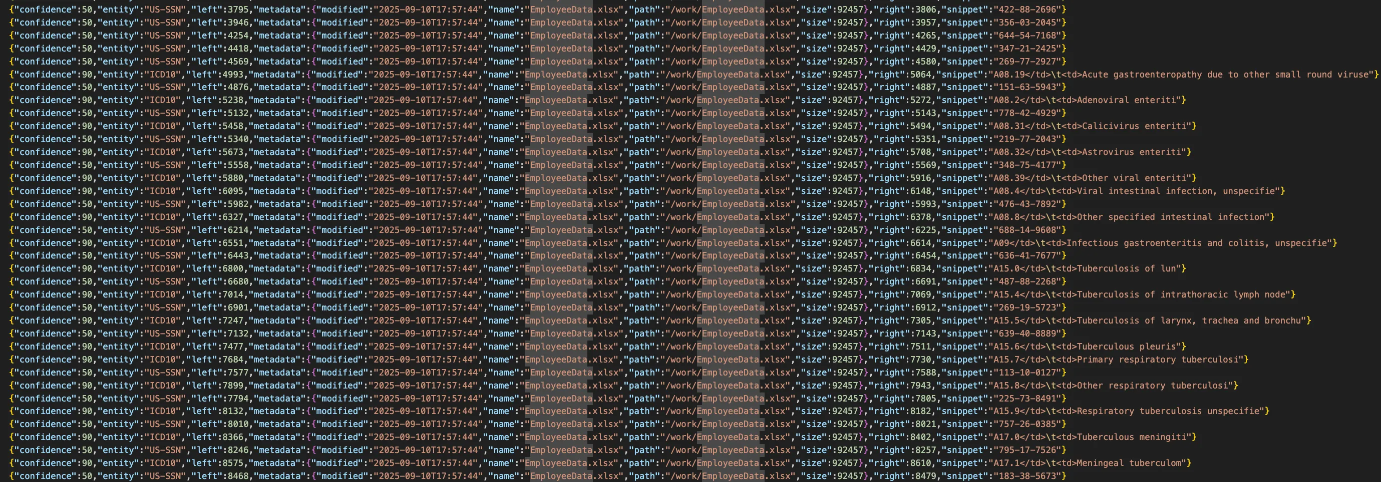 JSON output showing classifier matches with confidence and data snippets